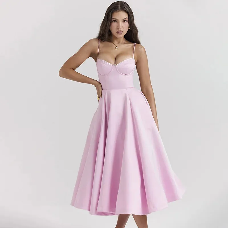 Pink Strappy Stylish Flare Midi Dress