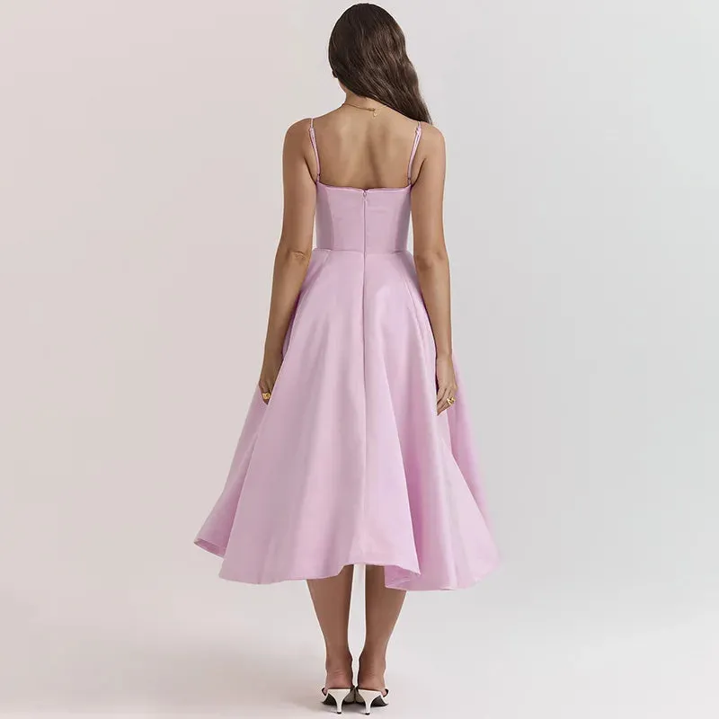 Pink Strappy Stylish Flare Midi Dress