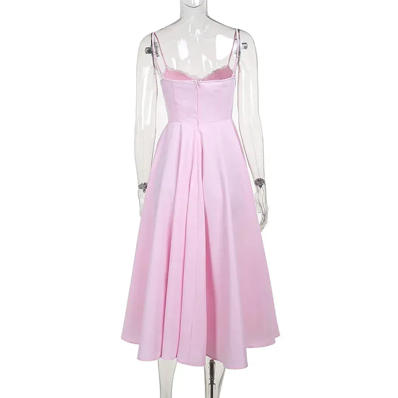Pink Strappy Stylish Flare Midi Dress