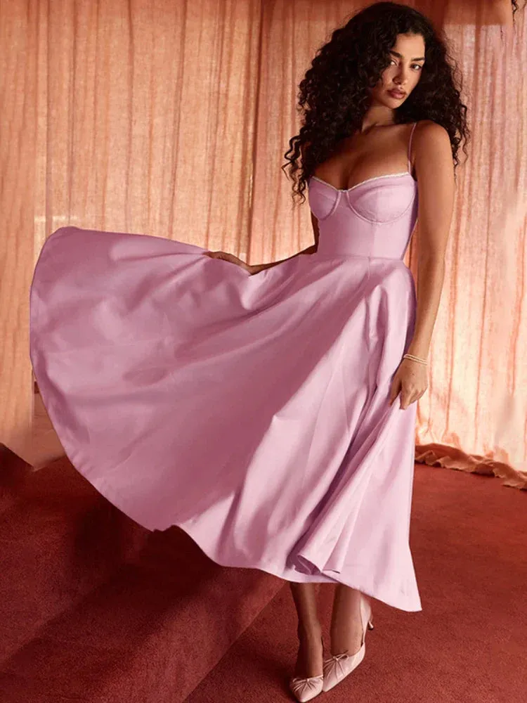 Pink Strappy Stylish Flare Midi Dress