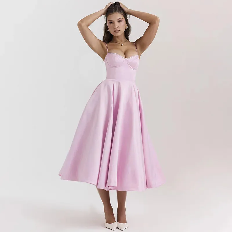 Pink Strappy Stylish Flare Midi Dress