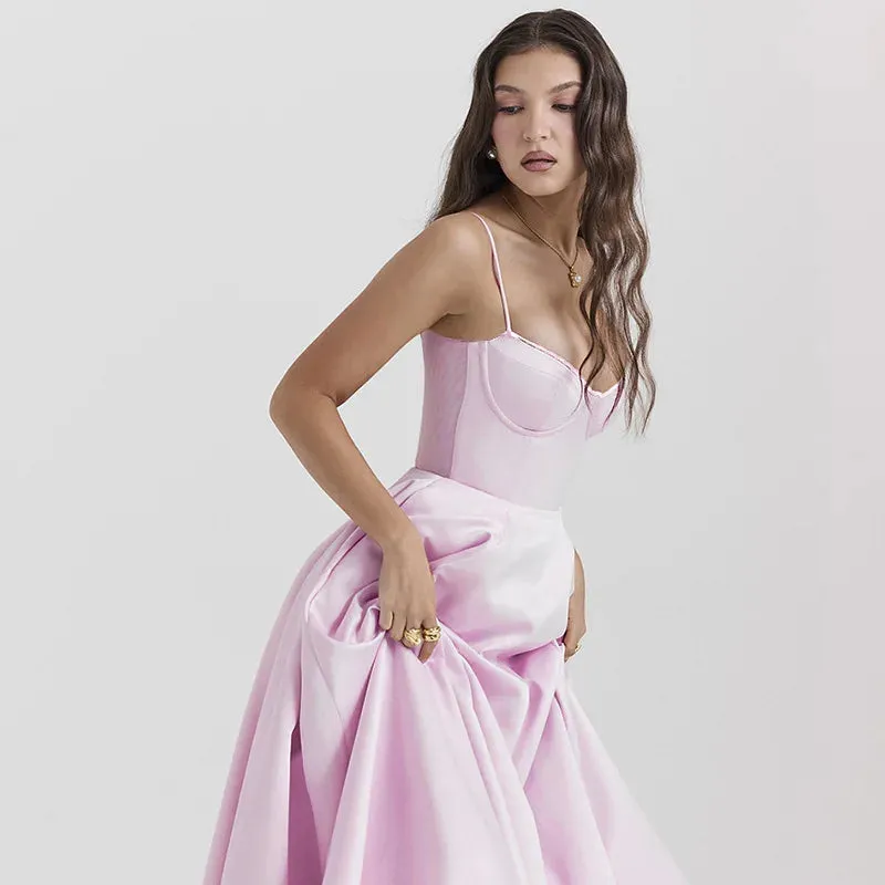 Pink Strappy Stylish Flare Midi Dress