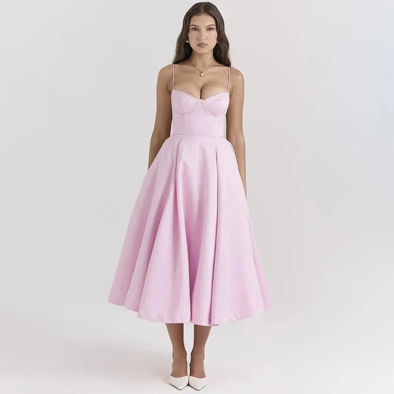 Pink Strappy Stylish Flare Midi Dress