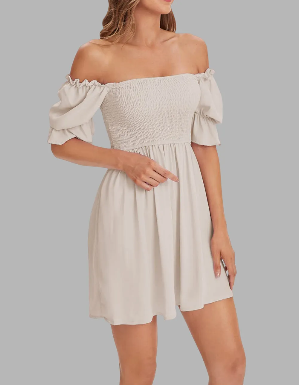 Plain Square Neck Ruffle Short Sleeve Pleated  A Line Dresses