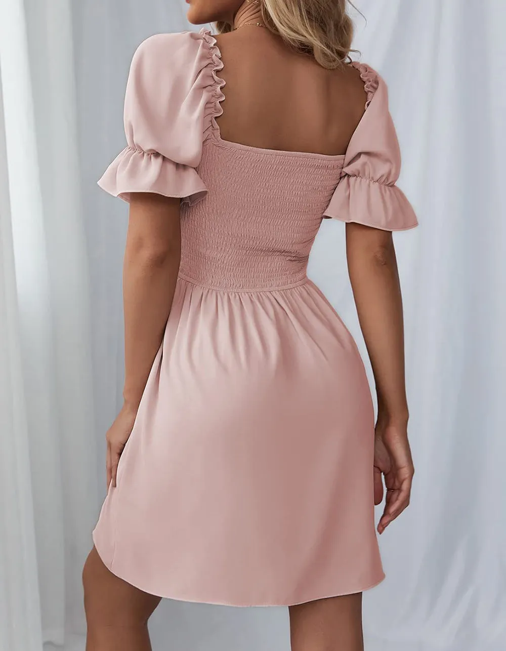 Plain Square Neck Ruffle Short Sleeve Pleated  A Line Dresses