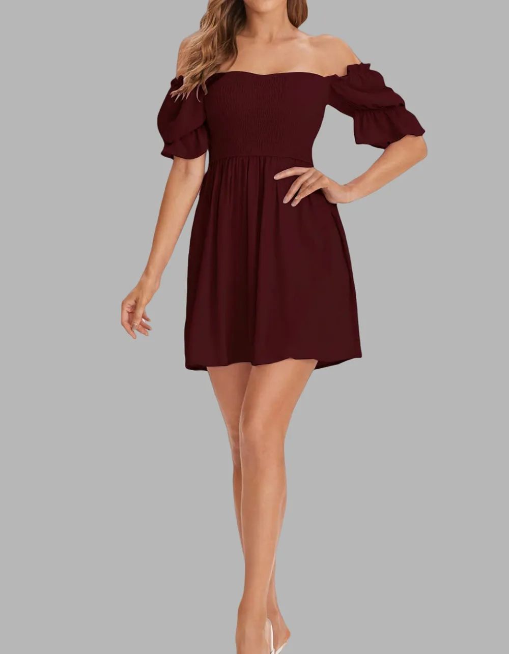 Plain Square Neck Ruffle Short Sleeve Pleated  A Line Dresses