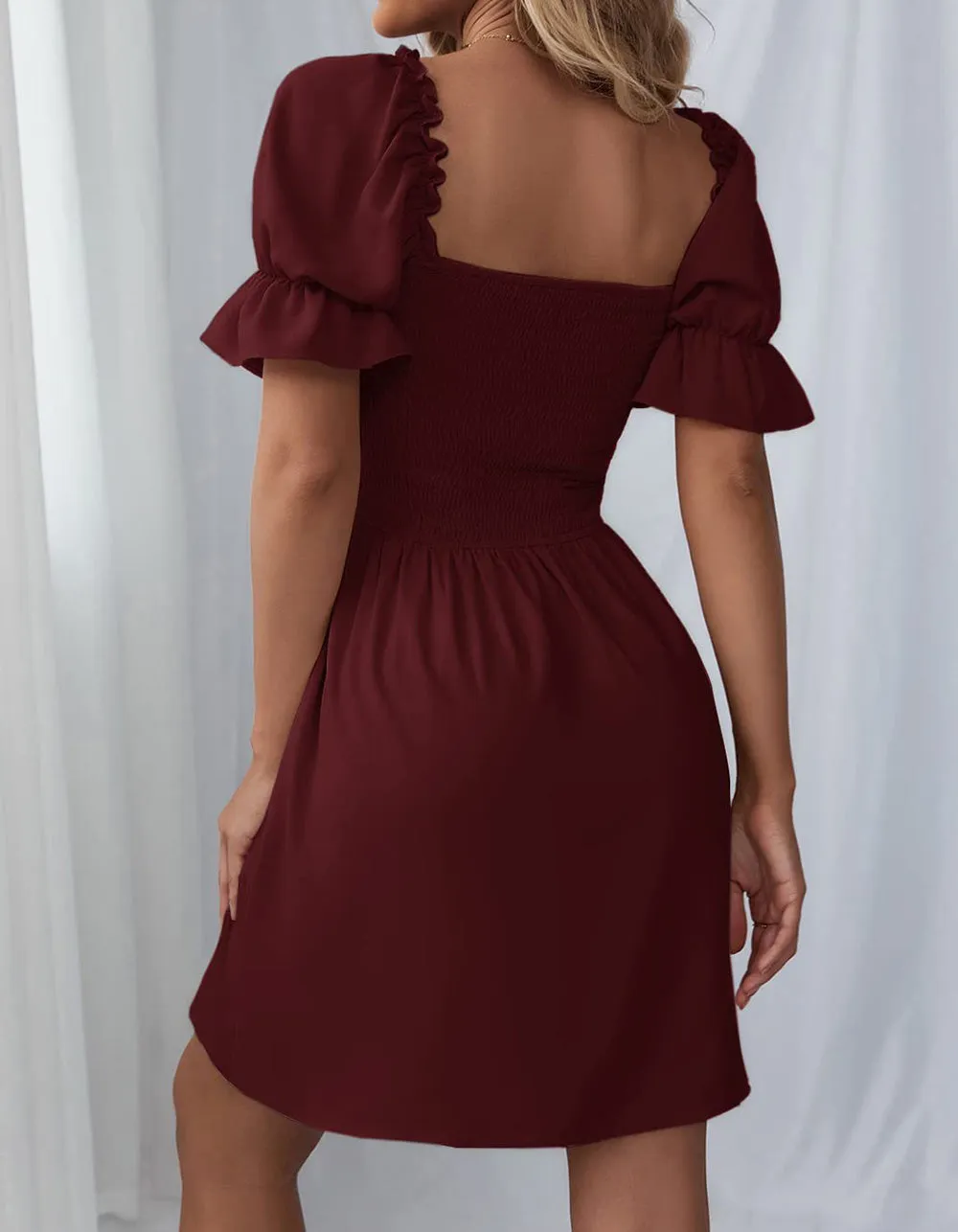 Plain Square Neck Ruffle Short Sleeve Pleated  A Line Dresses