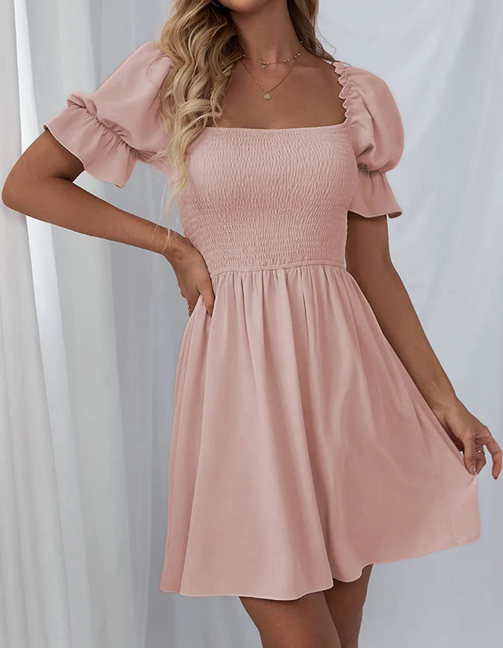 Plain Square Neck Ruffle Short Sleeve Pleated  A Line Dresses