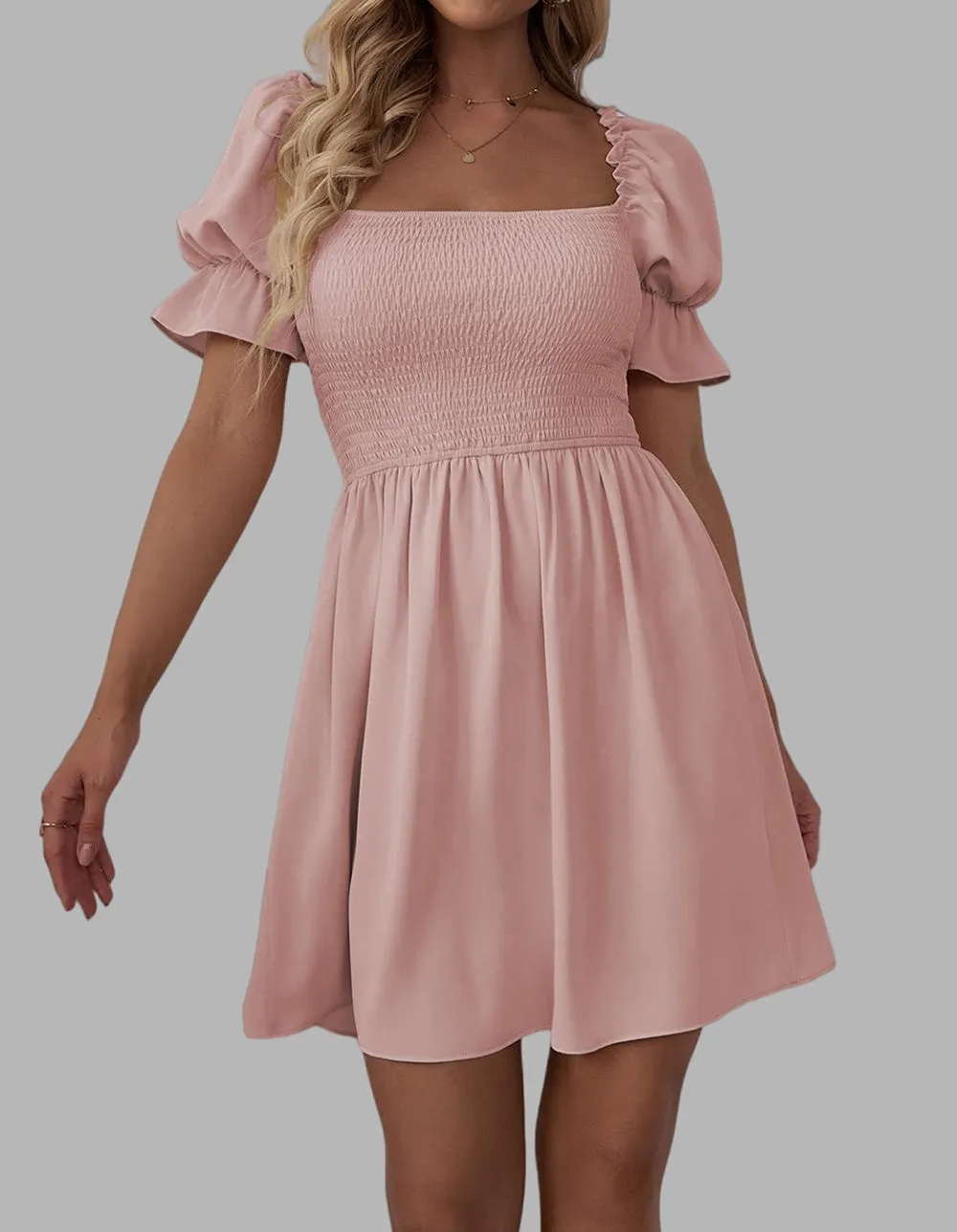 Plain Square Neck Ruffle Short Sleeve Pleated  A Line Dresses