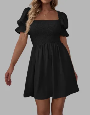 Plain Square Neck Ruffle Short Sleeve Pleated  A Line Dresses