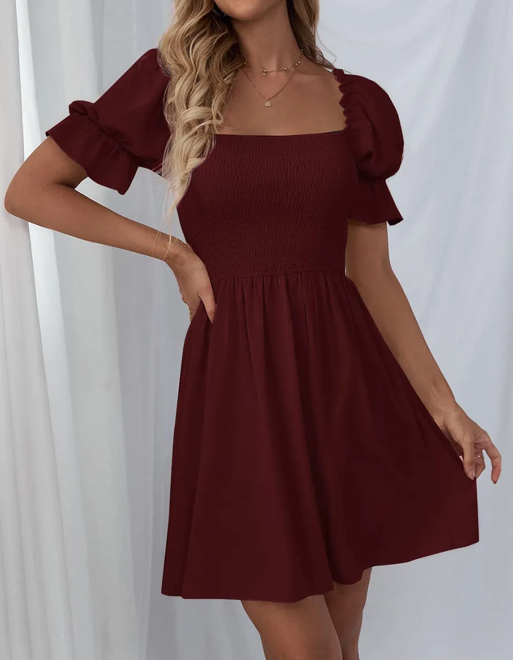 Plain Square Neck Ruffle Short Sleeve Pleated  A Line Dresses