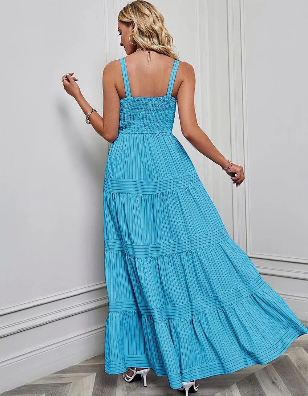 Plain Striped Sleeveless Backless Maxi A-Line Dresses