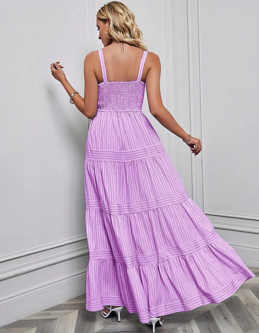 Plain Striped Sleeveless Backless Maxi A-Line Dresses