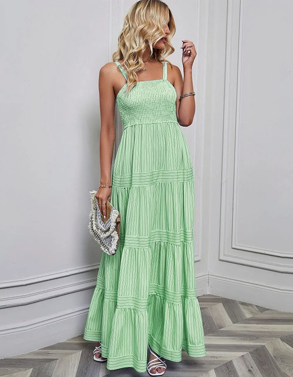 Plain Striped Sleeveless Backless Maxi A-Line Dresses