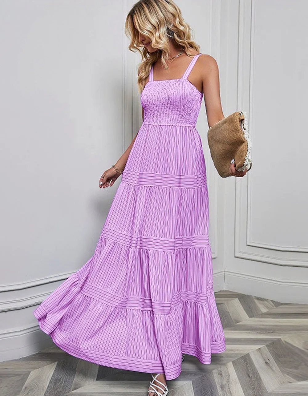 Plain Striped Sleeveless Backless Maxi A-Line Dresses