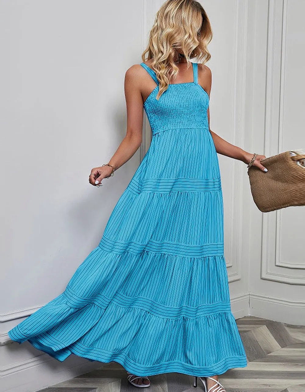 Plain Striped Sleeveless Backless Maxi A-Line Dresses