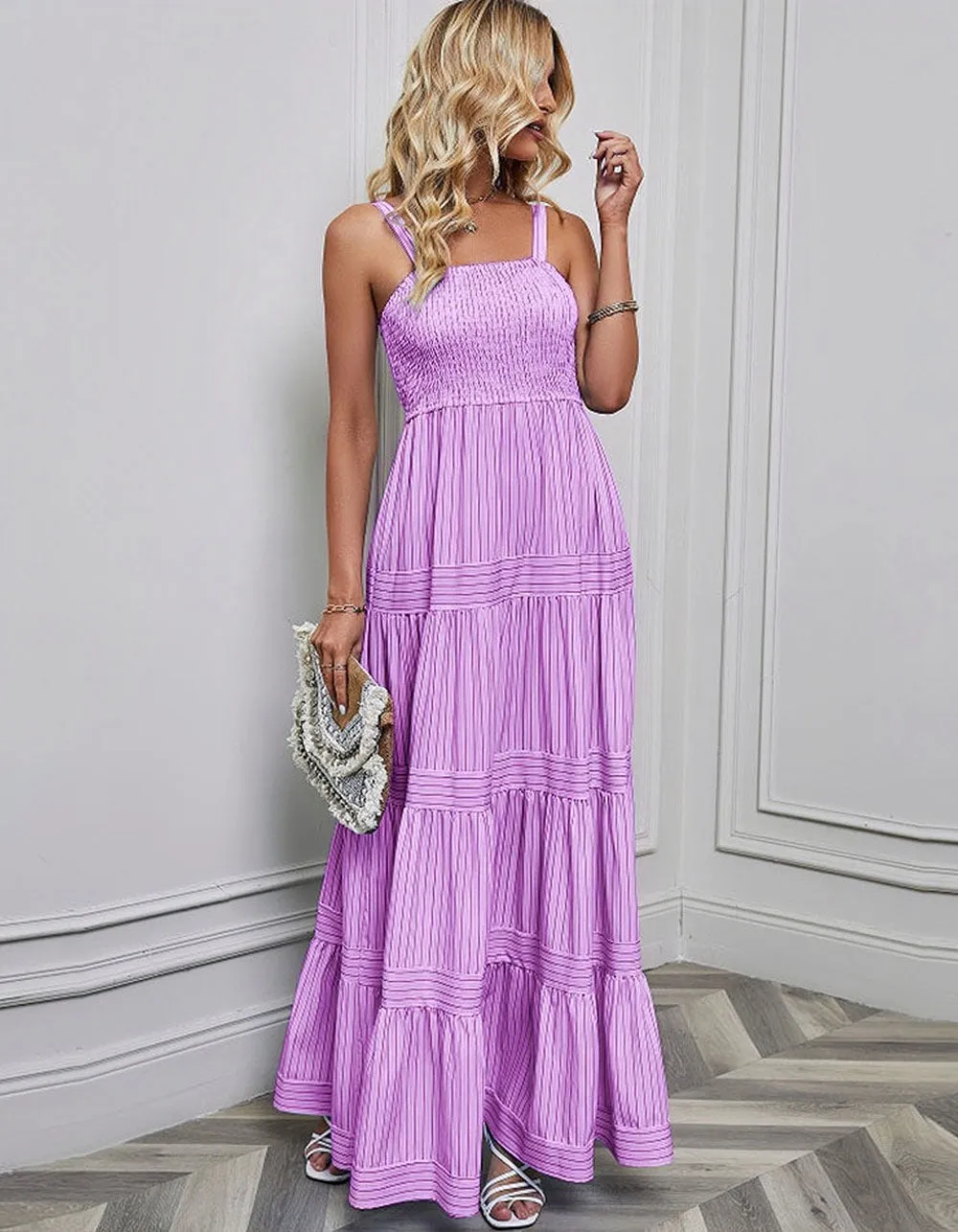 Plain Striped Sleeveless Backless Maxi A-Line Dresses