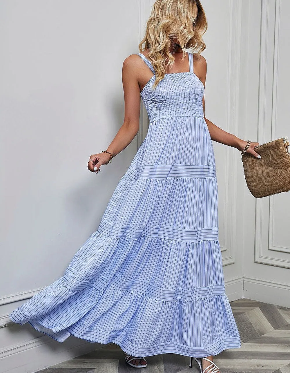 Plain Striped Sleeveless Backless Maxi A-Line Dresses