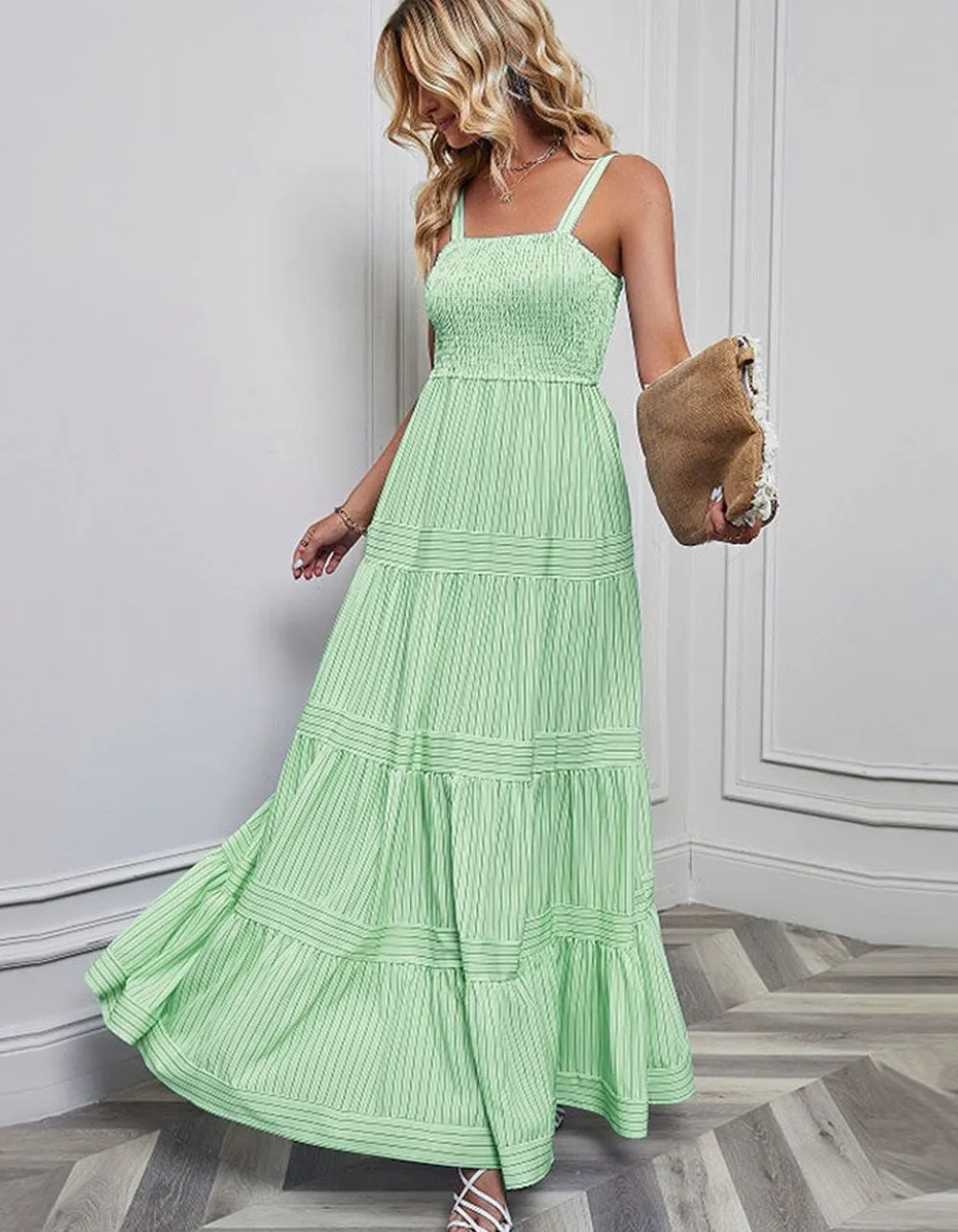Plain Striped Sleeveless Backless Maxi A-Line Dresses