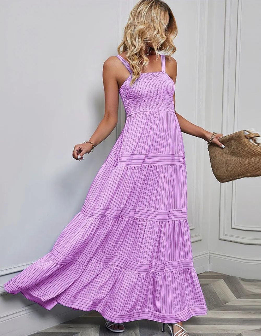Plain Striped Sleeveless Backless Maxi A-Line Dresses