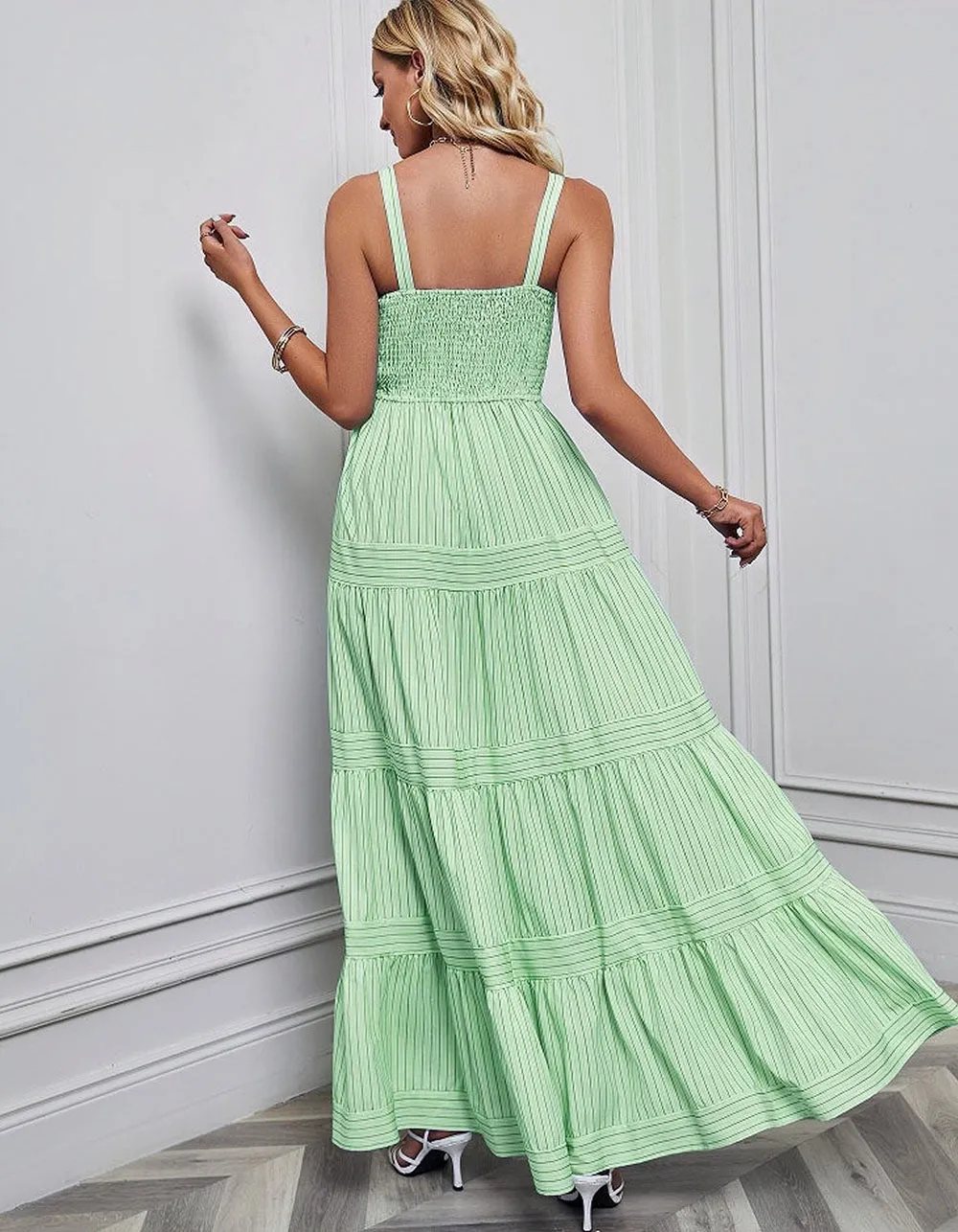 Plain Striped Sleeveless Backless Maxi A-Line Dresses
