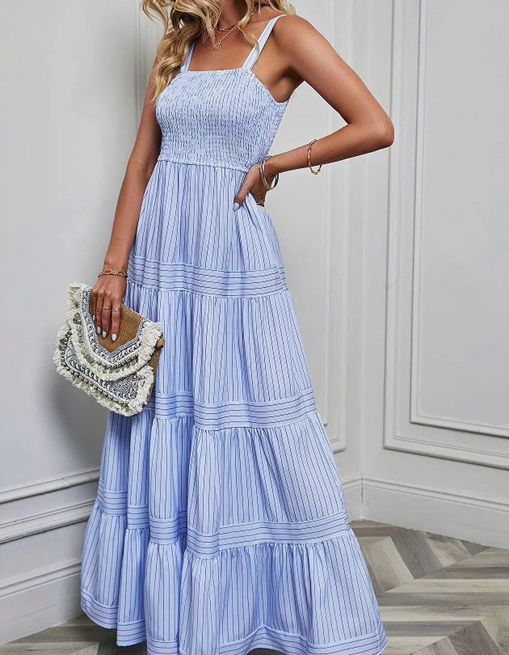 Plain Striped Sleeveless Backless Maxi A-Line Dresses