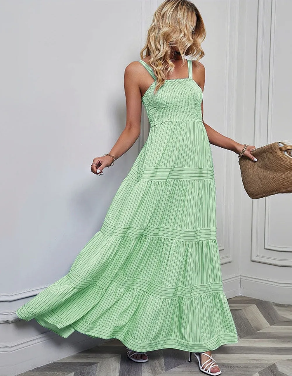 Plain Striped Sleeveless Backless Maxi A-Line Dresses