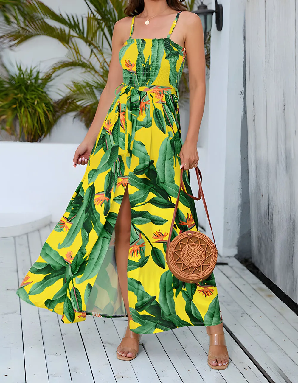 Plants Print Bohemia Slits Strap Long A Line Dresses