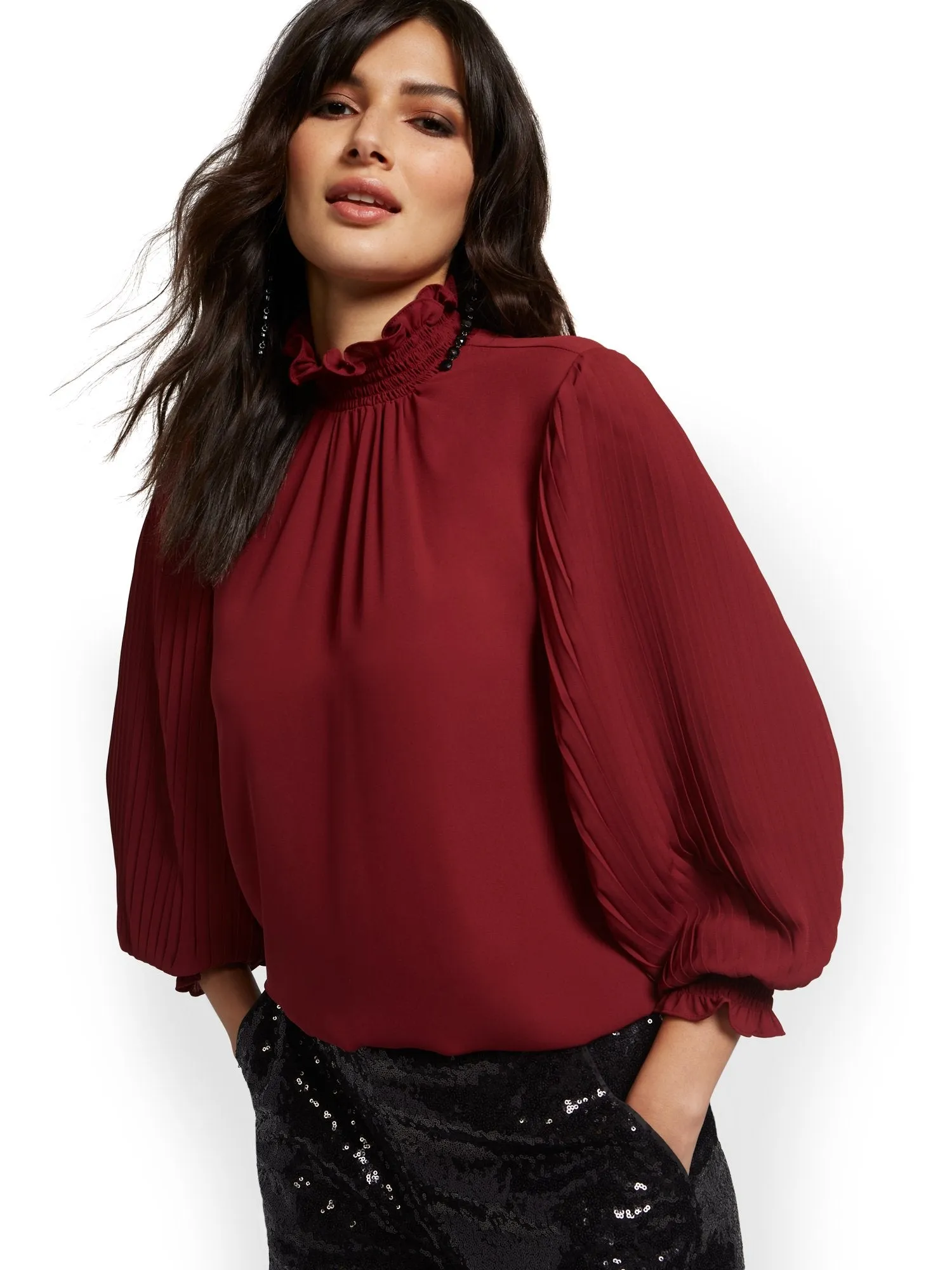 Pleated-Sleeve Blouse