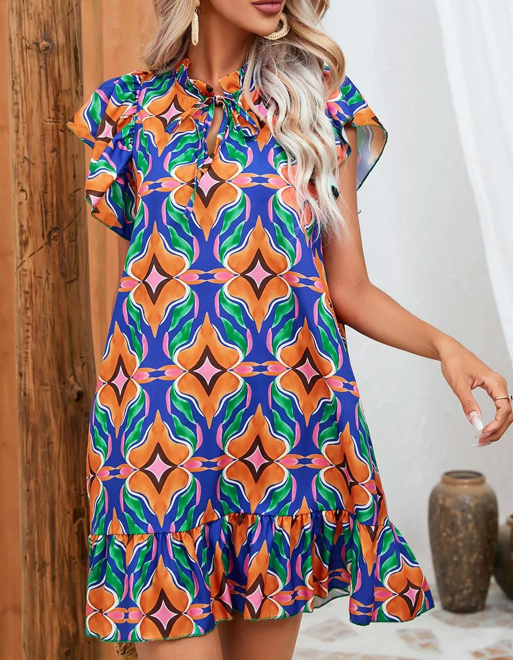 Printed Round Neck Flounce Sleeve High Waist Ruffle Short A-Line Dresses