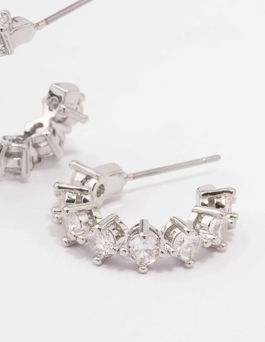 Rhodium Cubic Zirconia Simple Diamante C-Shaped Hoop Earrings