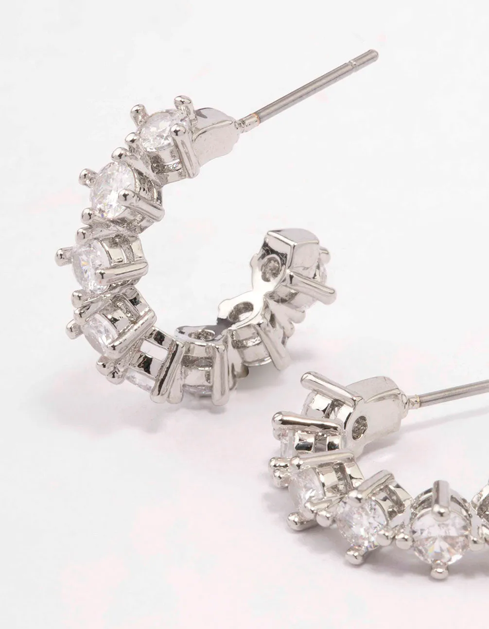 Rhodium Cubic Zirconia Simple Diamante C-Shaped Hoop Earrings