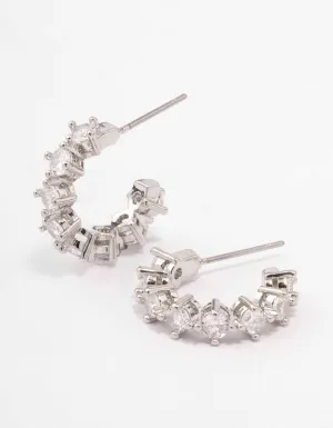 Rhodium Cubic Zirconia Simple Diamante C-Shaped Hoop Earrings