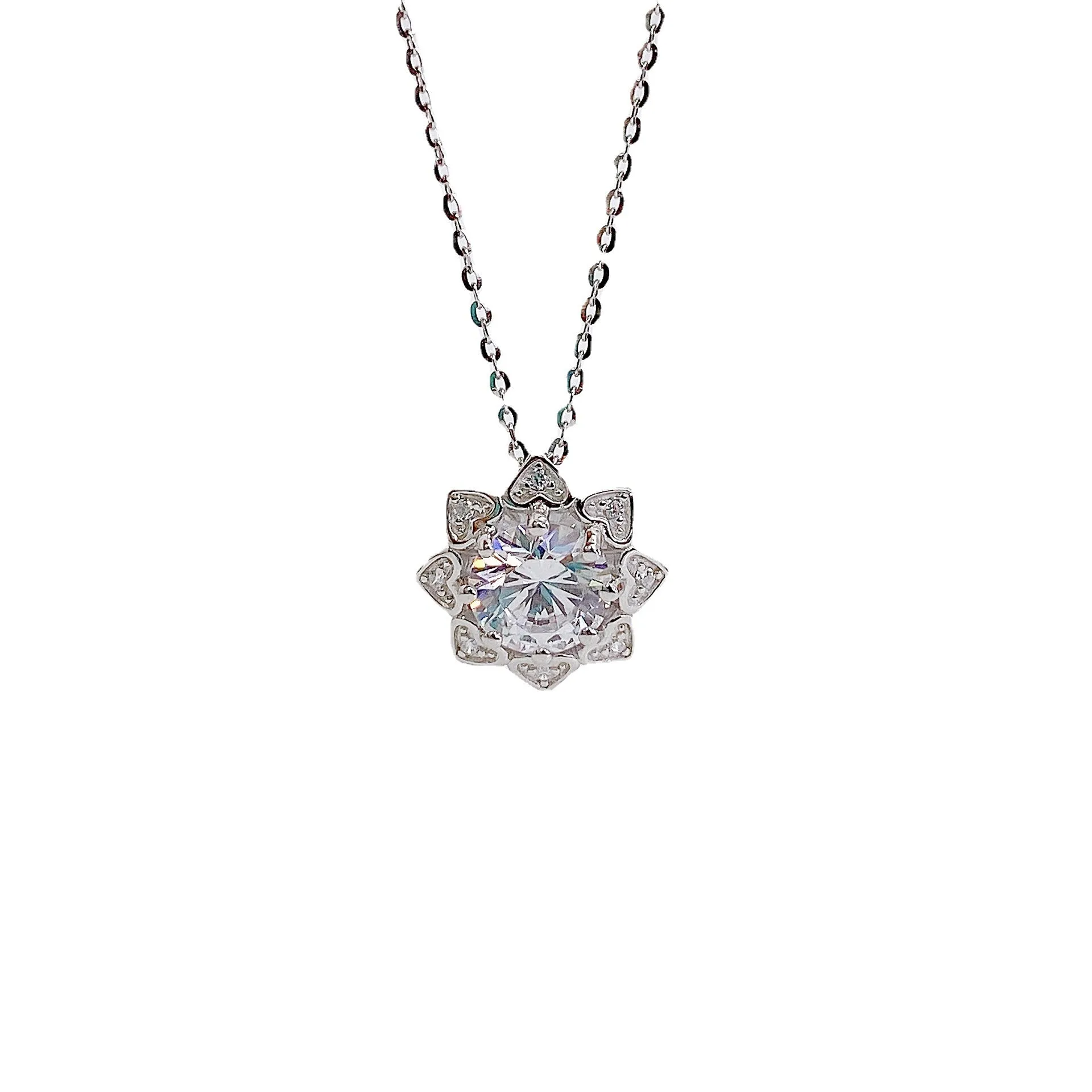Round Zircon Heart-shape Petal Pendant Silver Necklace for Women