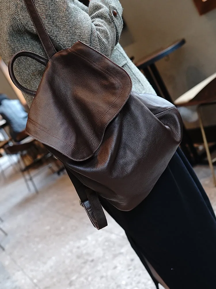 Simple Womens Leather Rucksack Plain Black Backpack For Women