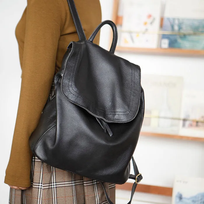 Simple Womens Leather Rucksack Plain Black Backpack For Women