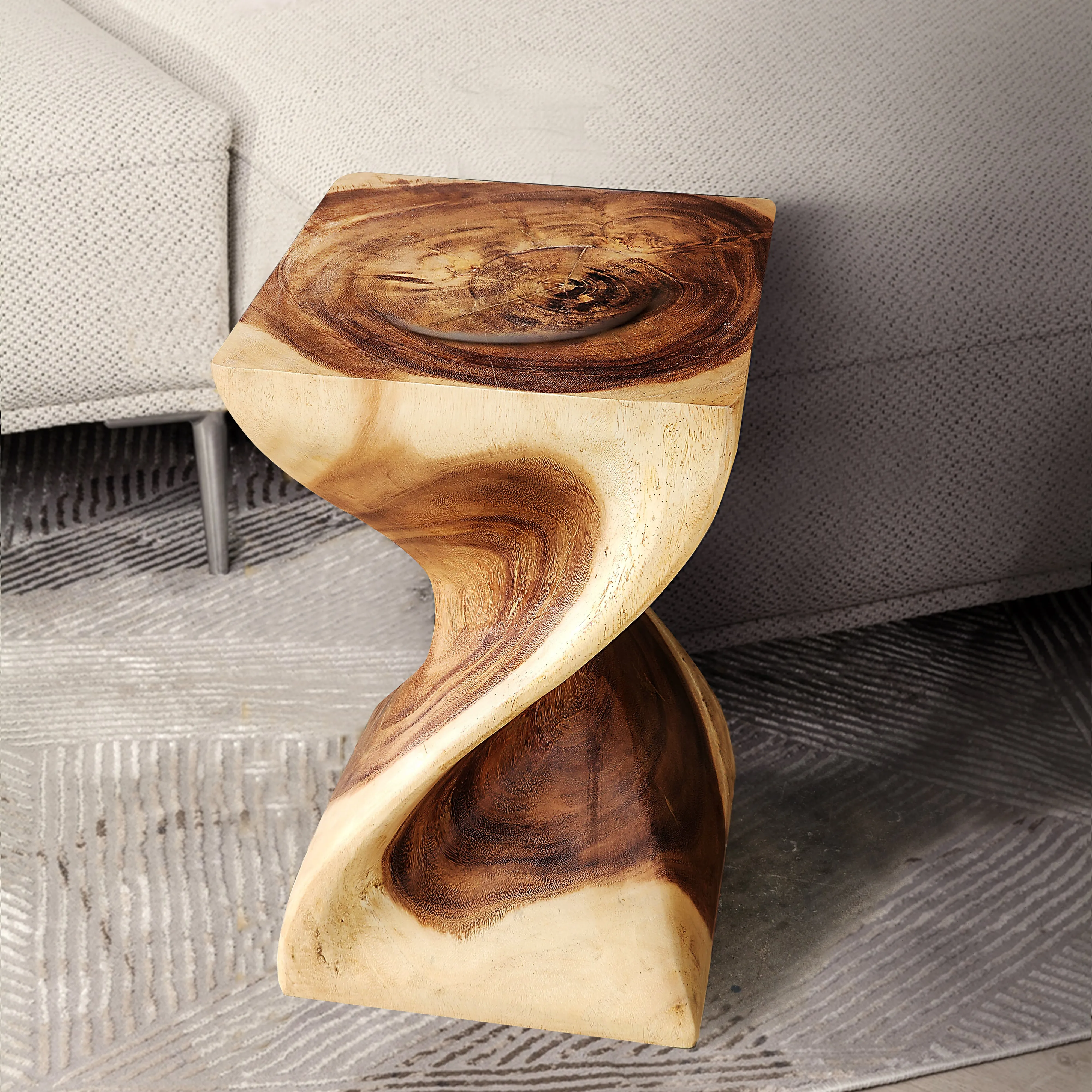 Single twisted stool-50 cm height Raintree Wood Stool/Corner side Table/Lamp Table Carved out of a Whole Tree Trunk.
