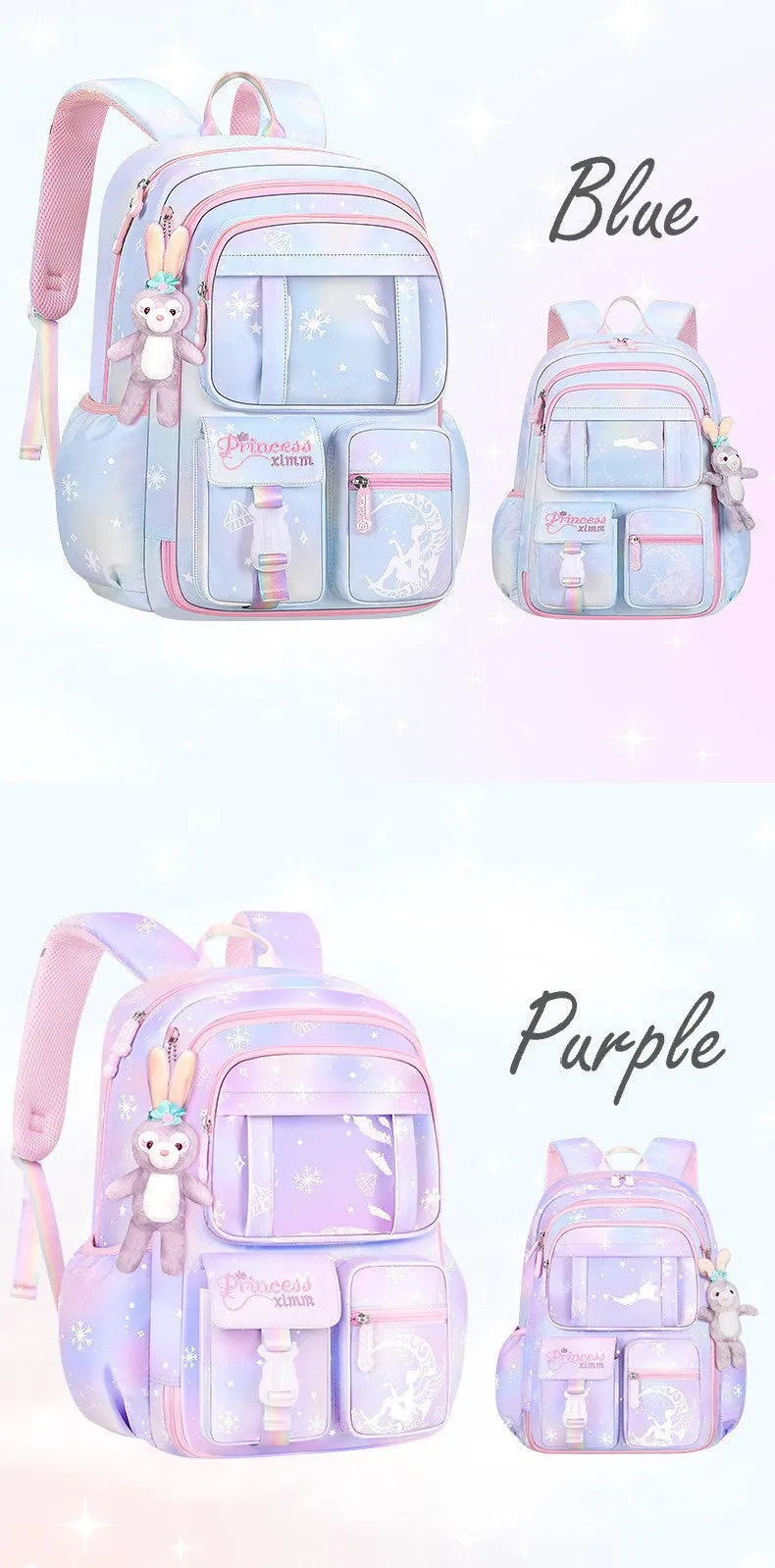 Snowflake Diamond Gem Princess Blue Pink Violet Gradient Princess Bag Schoolbag Backpack