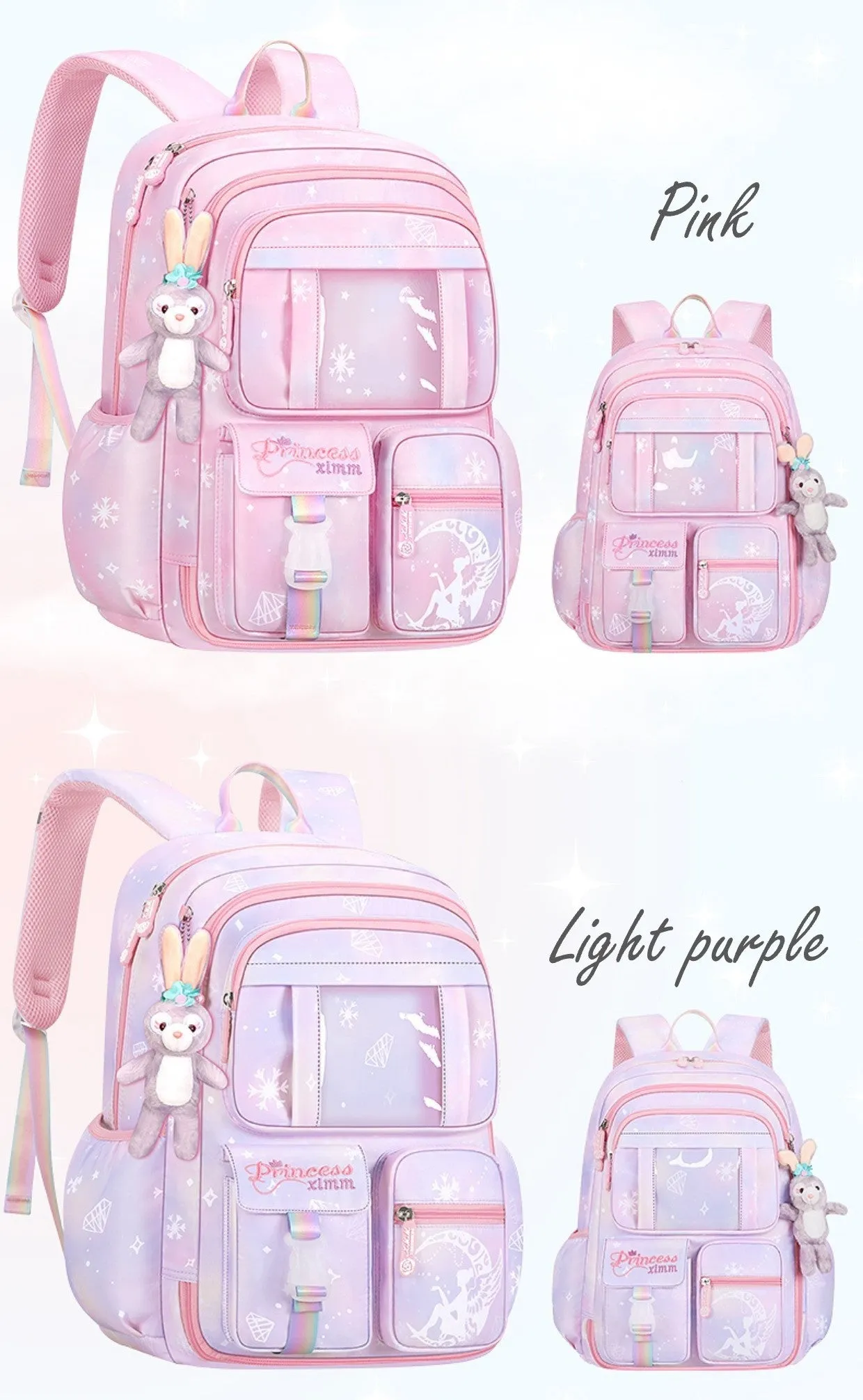 Snowflake Diamond Gem Princess Blue Pink Violet Gradient Princess Bag Schoolbag Backpack