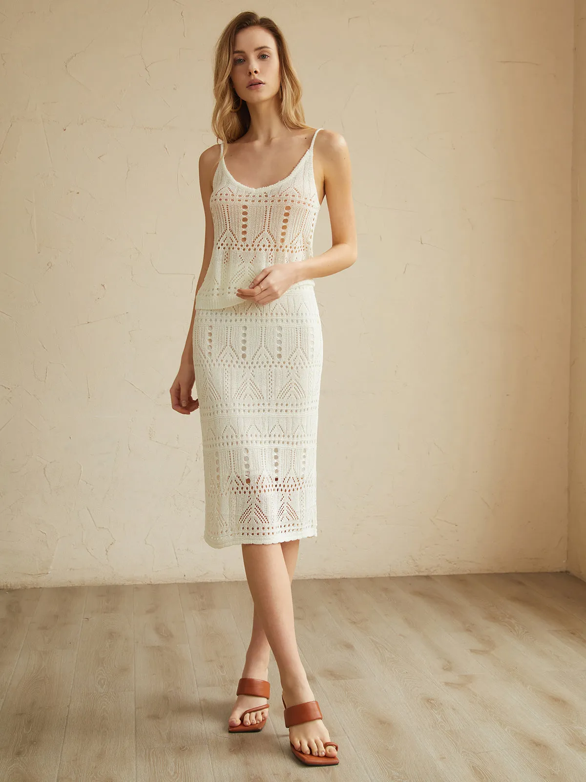 Solid Eyelet Graceful Knit Skirt Set