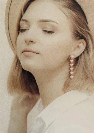 Stainless Steel - Elegant long earrings with six heart shaped pink stone drop hoops - NINA