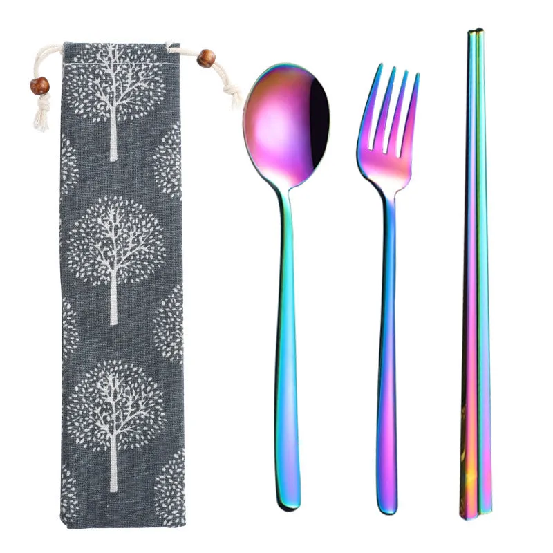 Stainless Steel Straw Package Portable Tableware Color Chopsticks Fork and Spoon Straw Combination Set