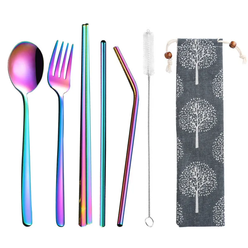 Stainless Steel Straw Package Portable Tableware Color Chopsticks Fork and Spoon Straw Combination Set