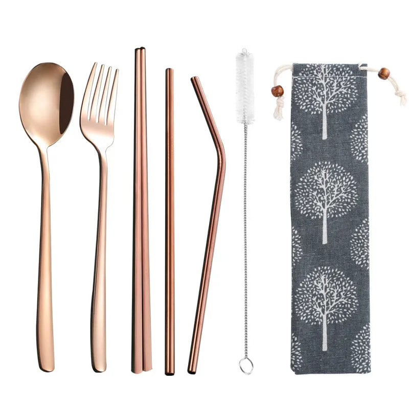 Stainless Steel Straw Package Portable Tableware Color Chopsticks Fork and Spoon Straw Combination Set