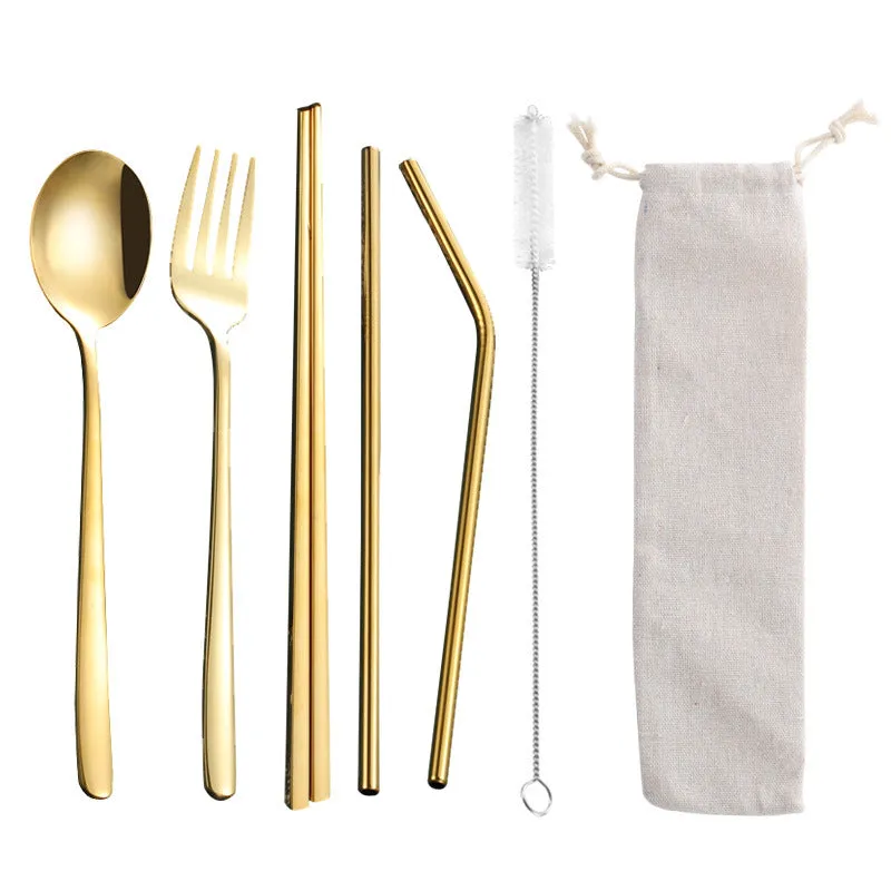 Stainless Steel Straw Package Portable Tableware Color Chopsticks Fork and Spoon Straw Combination Set
