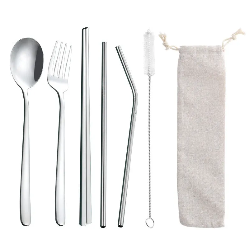 Stainless Steel Straw Package Portable Tableware Color Chopsticks Fork and Spoon Straw Combination Set