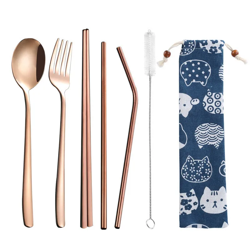 Stainless Steel Straw Package Portable Tableware Color Chopsticks Fork and Spoon Straw Combination Set