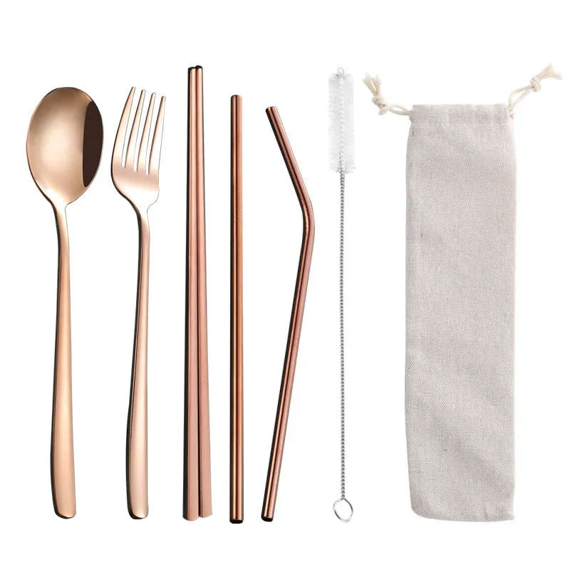 Stainless Steel Straw Package Portable Tableware Color Chopsticks Fork and Spoon Straw Combination Set
