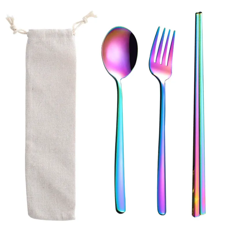 Stainless Steel Straw Package Portable Tableware Color Chopsticks Fork and Spoon Straw Combination Set