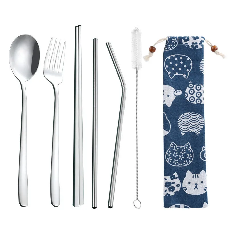 Stainless Steel Straw Package Portable Tableware Color Chopsticks Fork and Spoon Straw Combination Set